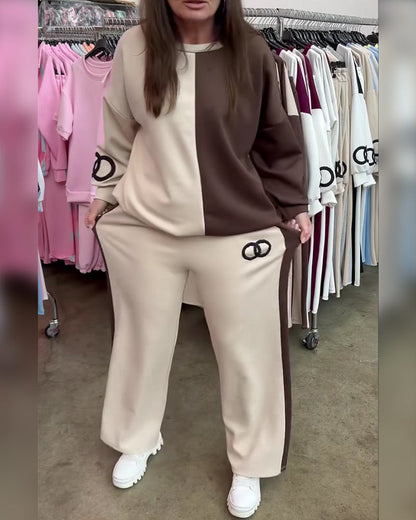 Contrast Color Casual Sweatshirt Set