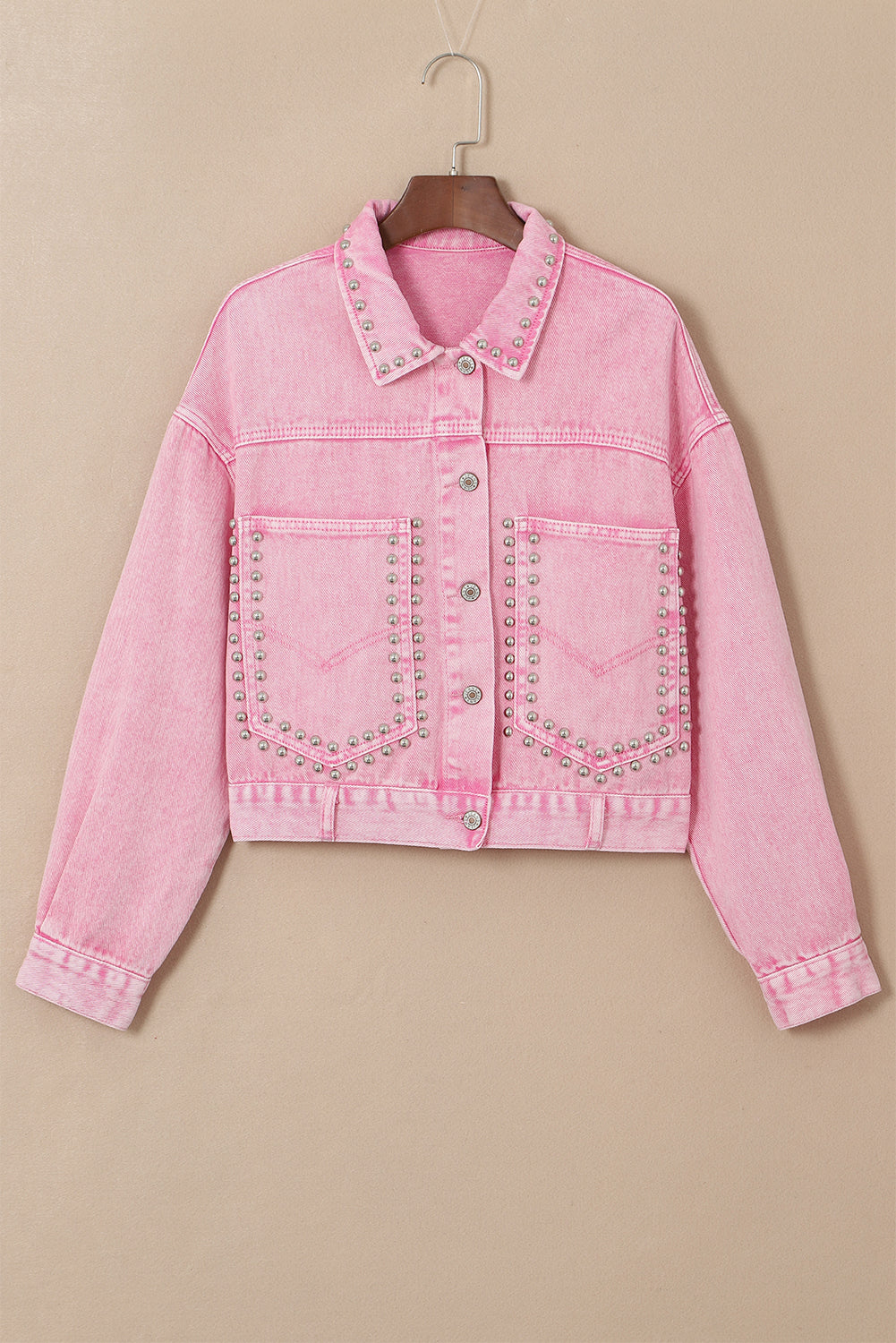 Pink Rivet Studded Pocketed Pink Denim Jacket
