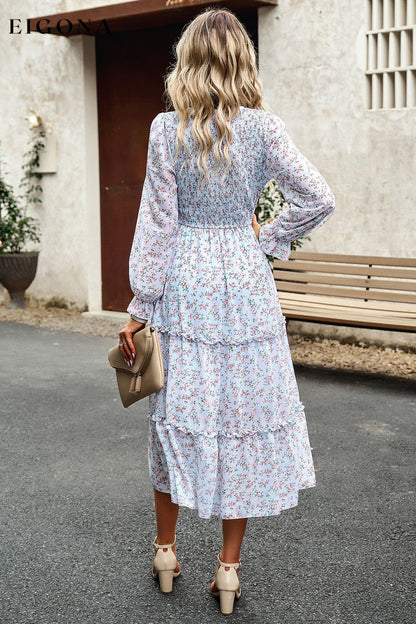 Smocked Flounce Sleeve Midi Dress clothes DY Ship From Overseas trendsi