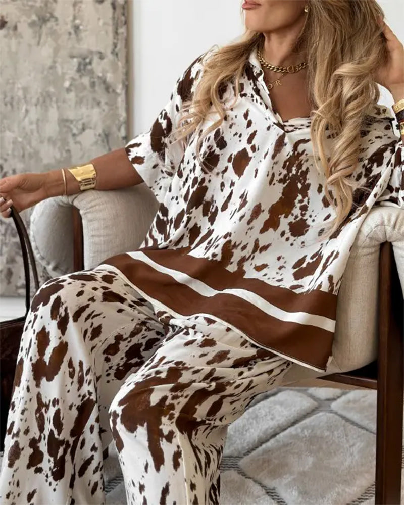 V-Neck Leopard Print Wide-Leg Pants Suit