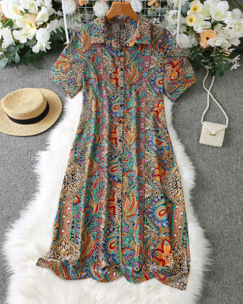 Lapel buttoned retro colorful dress casual dress summer