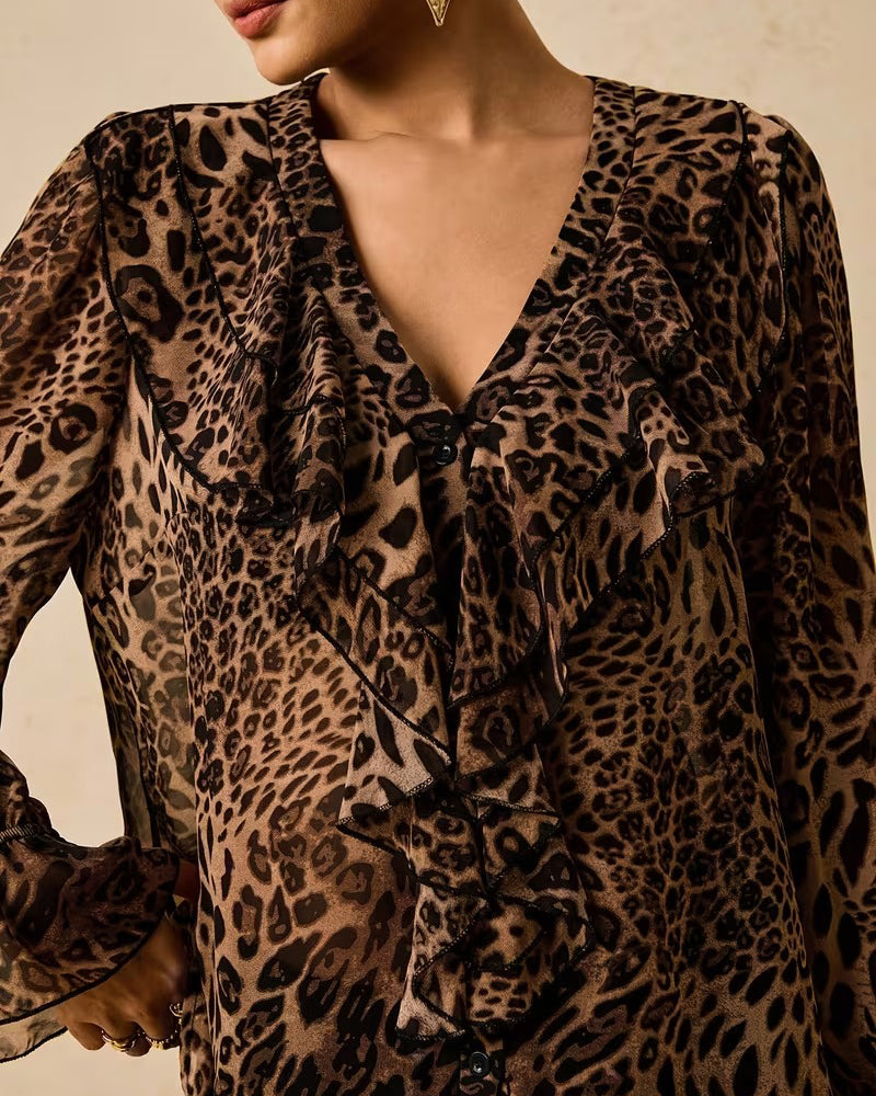 V-Neck Ruffled Leopard Print Blouse