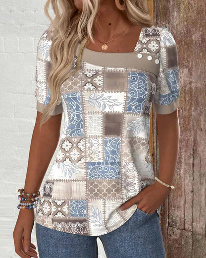 Off-Shoulder Puzzle Print Short-Sleeved T-Shirt