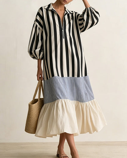 Lapel Zipper Striped Color-Block Tiered Dress