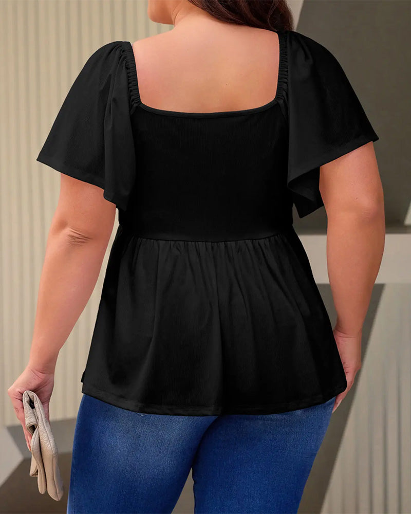 Large Size Square Neck Bubble Sleeve T-Shirt