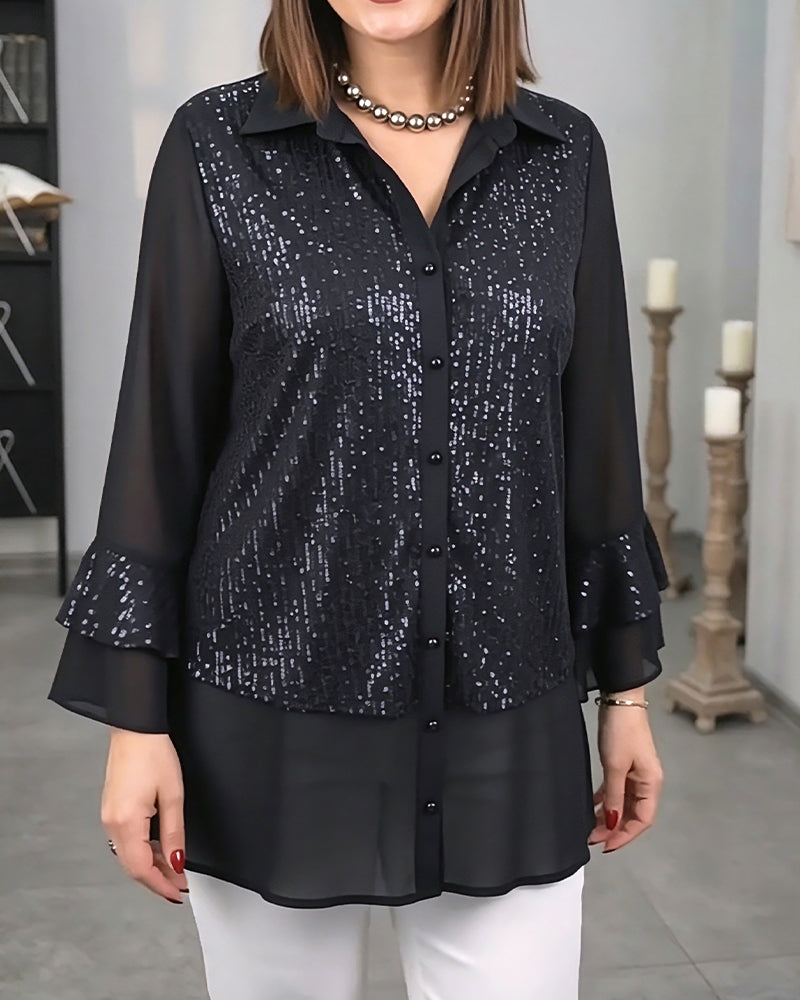 Lapel Buttoned Ruffle See-Through Top autumn spring top