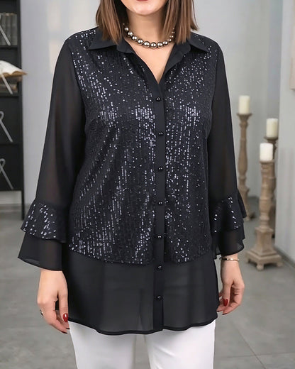 Lapel Buttoned Ruffle See-Through Top autumn spring top