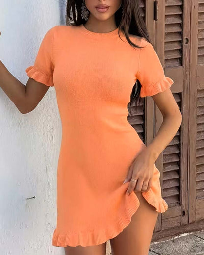 Round Neck Short Sleeve Ruffle A Hem Dress