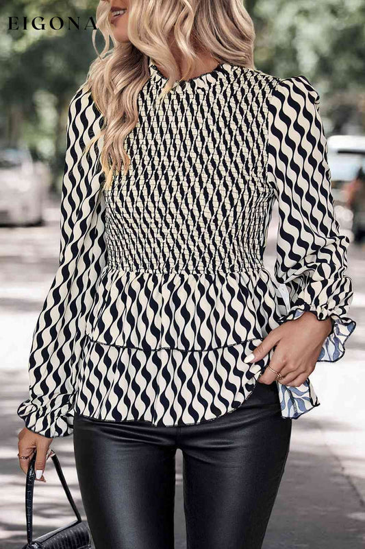 Printed Smocked Flounce Sleeve Blouse Black Black and white blouse clothes Hundredth Ship From Overseas Striped blouse Tops/Blouses