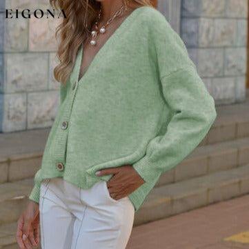 Button Up V-Neck Long Sleeve Sweater Cardigan Light Green cardigan cardigans clothes Romantichut Ship From Overseas sweater sweaters Sweatshirt
