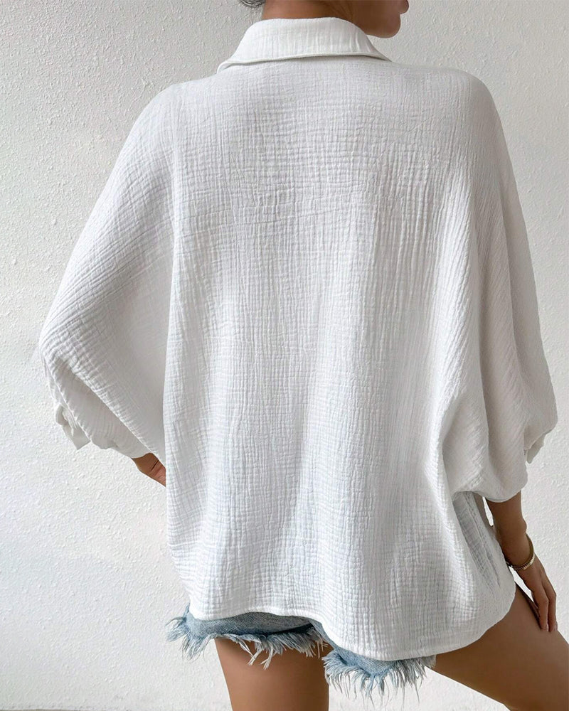 Solid Color Lapel Pleated Lantern Sleeve Shirt