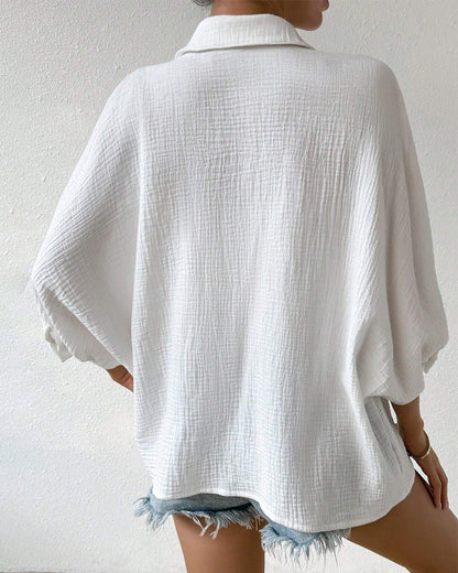 Solid Color Lapel Pleated Lantern Sleeve Shirt