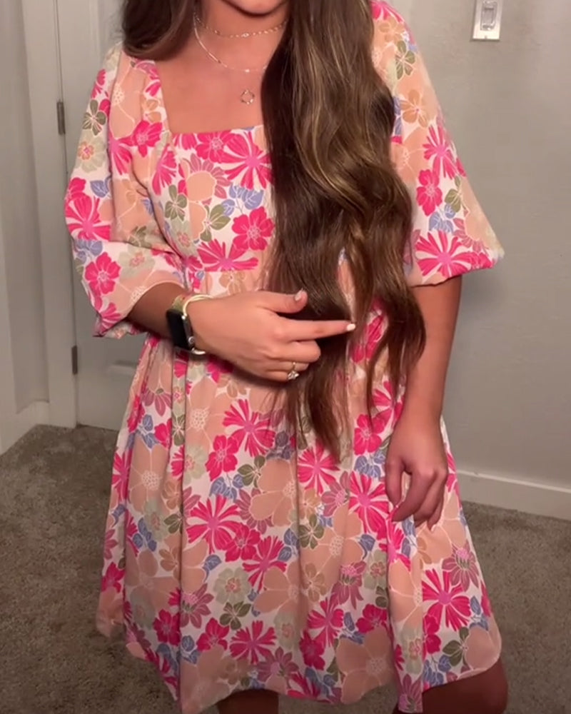 Square-Neck Puff-Sleeve Babydoll Dress