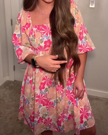 Square-Neck Puff-Sleeve Babydoll Dress