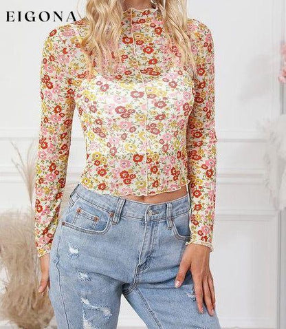 Floral Mock Neck Long Sleeve Blouse clothes long sleeve shirt long sleeve shirts long sleeve top long sleeve tops Ship From Overseas shirt shirts SYNZ top tops