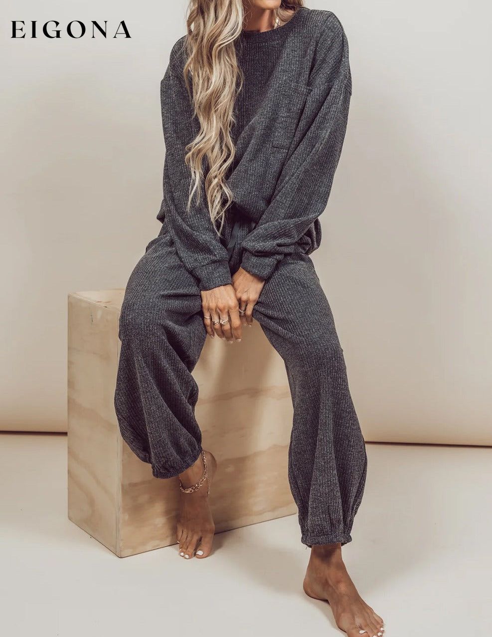 Carbon Grey Heather Ribbed Drop Shoulder Drawstring Pants Lounge Set All In Stock clothes Fabric Ribbed lounge wear loungewear Occasion Home pajamas pijamas Print Solid Color Season Winter Style Casual