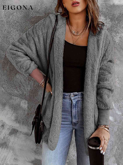 Open Front Hooded Faux Fur Outwear with Pockets Charcoal clothes Ship From Overseas Y@S@M