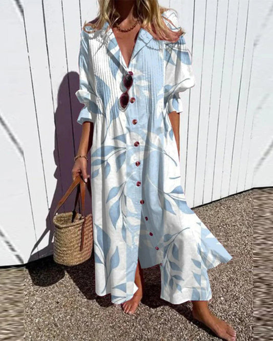V-neck button-down printed dress spring summer vacation dresses