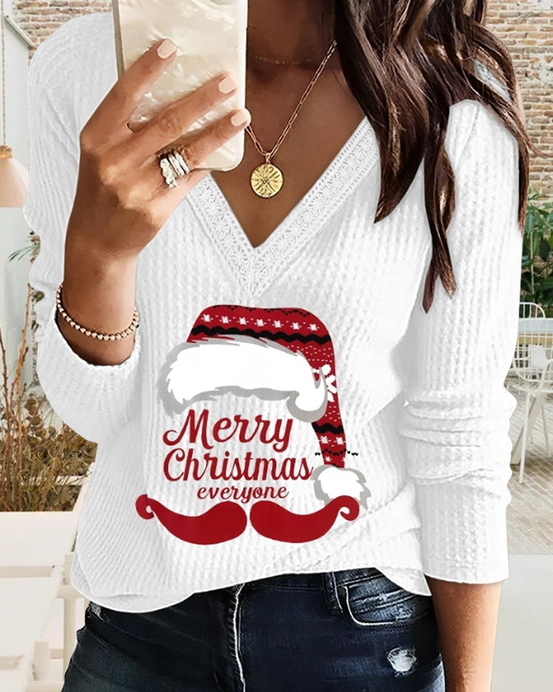 V-Neck Santa Hat And Beard Print T-Shirt 2024 f/w blouse&shirts