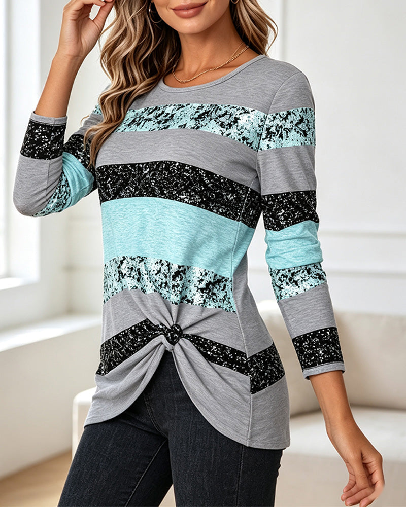 Crew-Neck Stripe Colorblock Long-Sleeve Top