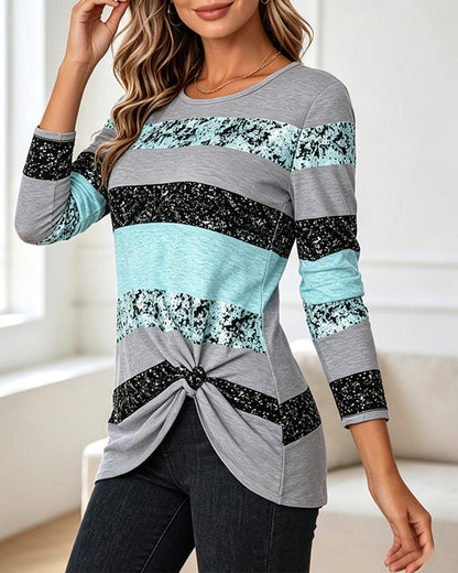 Crew-Neck Stripe Colorblock Long-Sleeve Top
