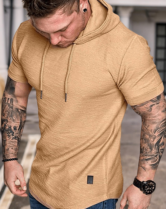 Men's Solid Drawstring Hooded Short Sleeve Tee, Casual Summer T-Shirt