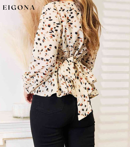 Double Take Printed Tied Plunge Peplum Blouse clothes Double Take long sleeve shirts long sleeve tops Ship from USA shirt shirts top tops