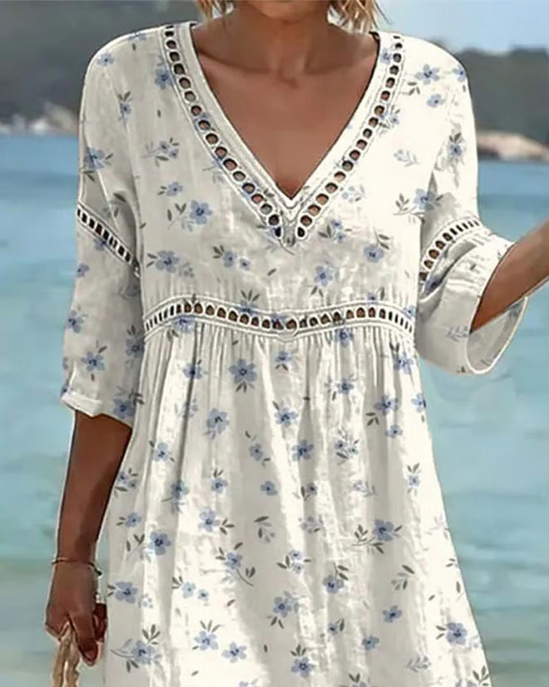 Floral V-Neck Hollow Out Dress