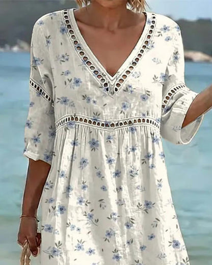 Floral V-Neck Hollow Out Dress