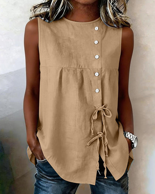 Drawstring Sleeveless Button Blouse blouses & shirts spring summer