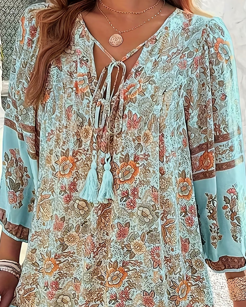 V-Neck Tie Ruffle Floral Dress