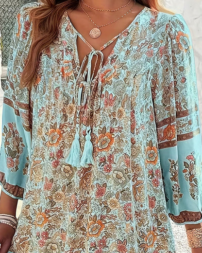 V-Neck Tie Ruffle Floral Dress