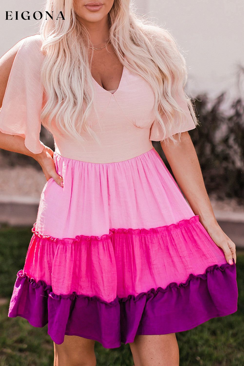 Pink Ombre Colorblock Tiered Dress All In Stock casual dress casual dresses clothes Color Pink DL Exclusive dress dresses Occasion Daily Print Color Block Season Summer short dresses Style Southern Belle
