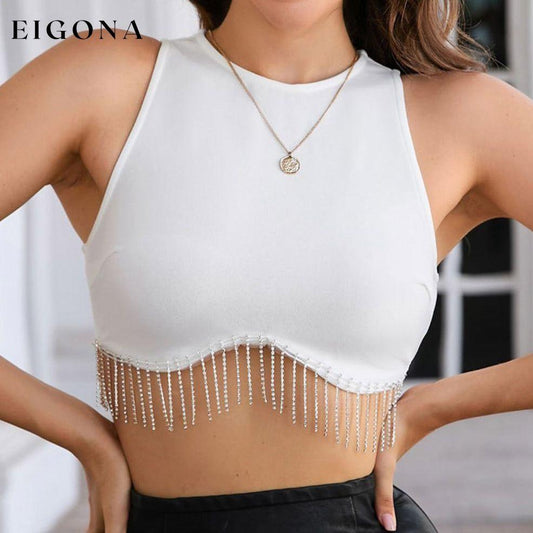 Rhinestone Fringe Zip-Back Cropped Tank White clothes crop top crop tops cropped top croptop Ship From Overseas shirt shirts SYNZ top tops