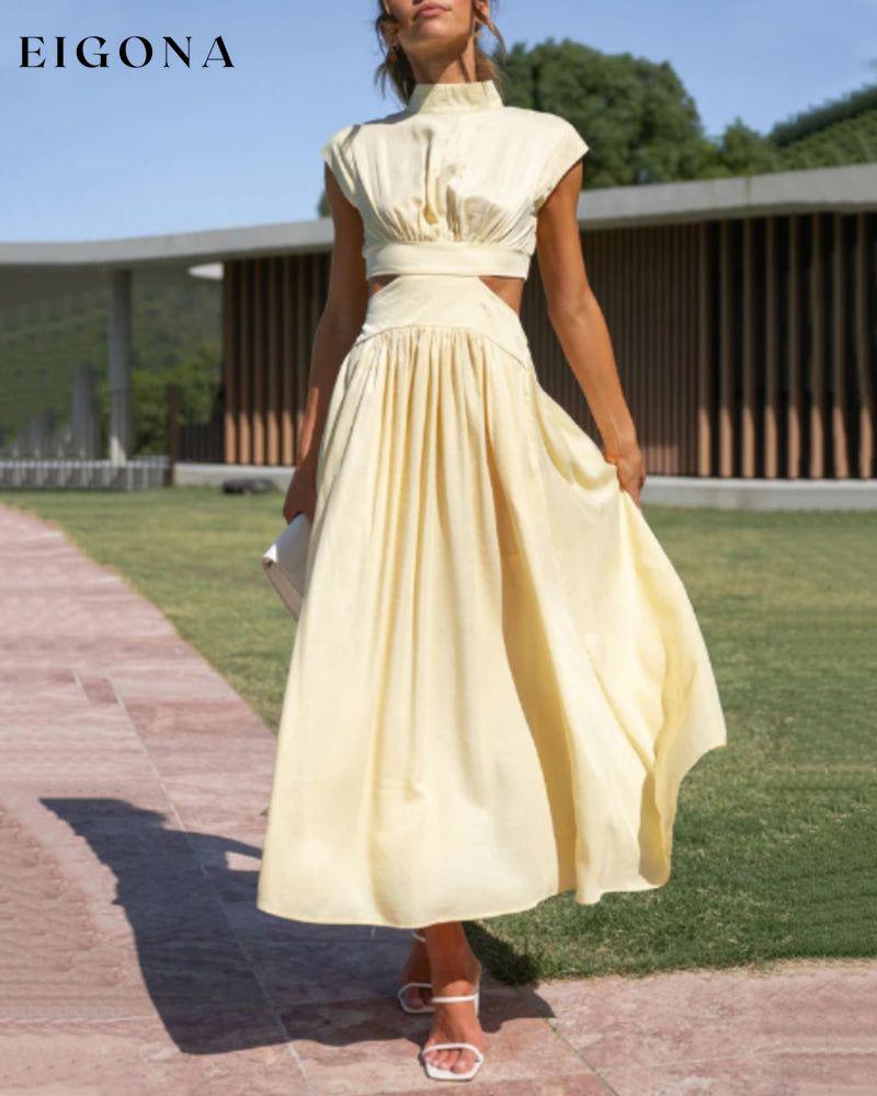 Stand collar off waist solid color long dress Yellow 23BF Casual Dresses Clothes Dresses Summer