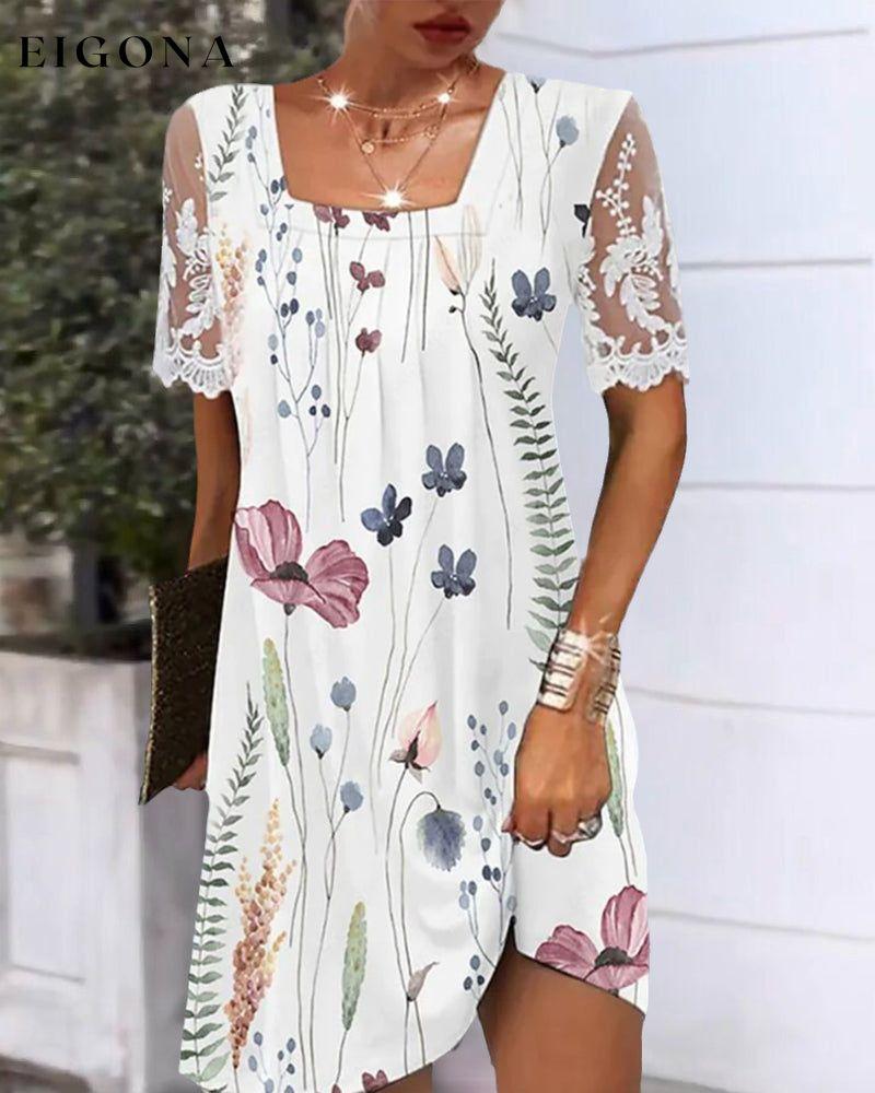 Floral Print Lace Sleeve Dress 23BF Casual Dresses Clothes Dresses Spring Summer