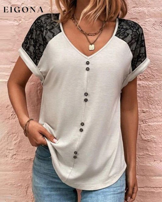 V-neck Lace Color Block T-shirt Gray 23BF clothes Short Sleeve Tops Summer T-shirts Tops/Blouses