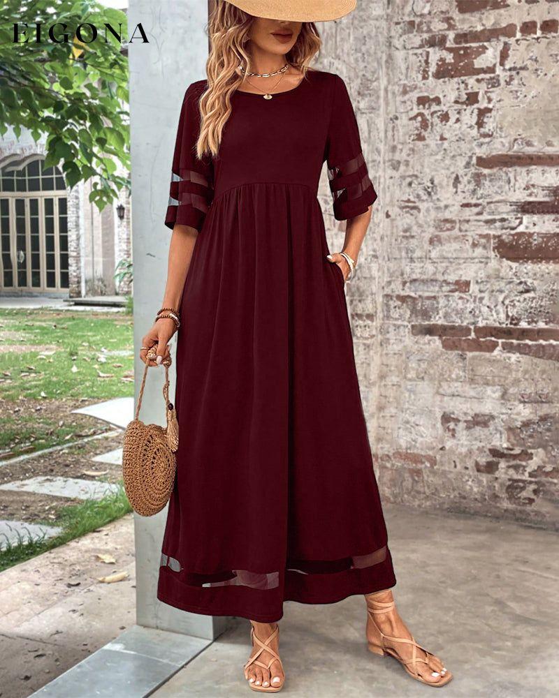 Elegant Mid-Sleeve Casual Crew Neck Dress Burgundy 23BF Casual Dresses Clothes Dresses Fall Spring Summer