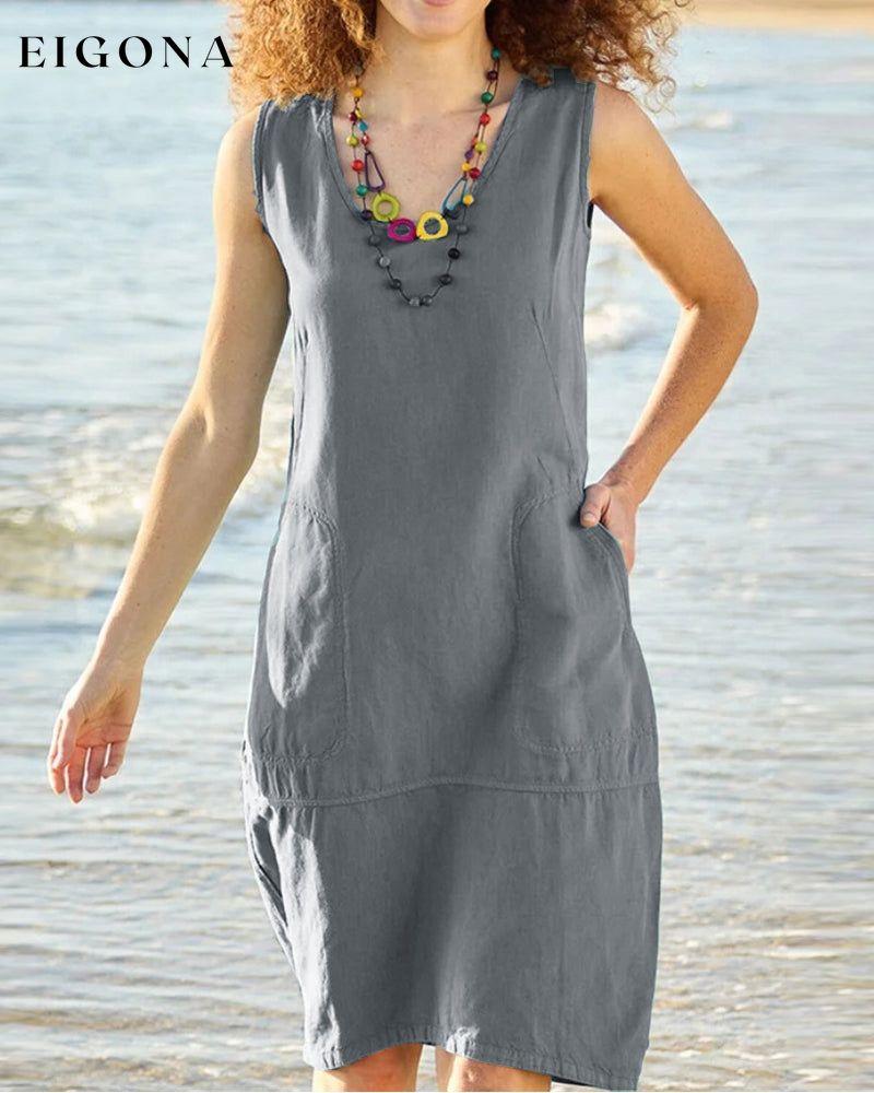 U-neck sleeveless pocket dress Gray 23BF Casual Dresses Clothes Dresses Summer