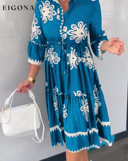3/4 Sleeve Floral Print Dress Blue 23BF Casual Dresses Clothes discount Dresses Spring Summer