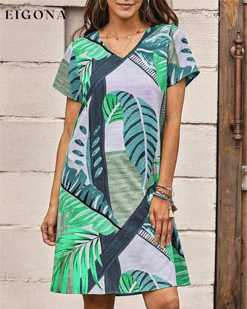 Leaves Print Short Sleeve Dress Green 23BF Casual Dresses Clothes Dresses Summer