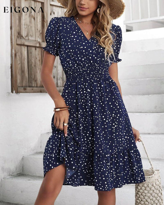 Polka dot print short sleeve dress Dark blue 23BF Casual Dresses Clothes Dresses Spring Summer