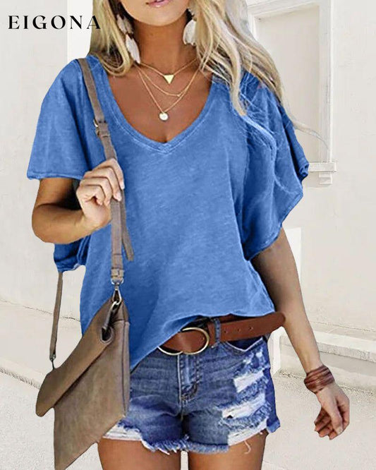 Solid color ruffle sleeve T-shirt Blue 23BF clothes Short Sleeve Tops Spring Summer T-shirts Tops/Blouses
