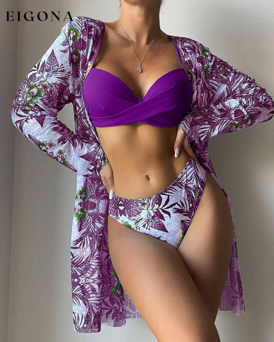 Split three piece bikini Purple 23BF Bikinis Clothes Cover-Ups Summer Swimwear