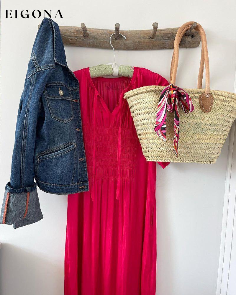 Red Pleated V-Neck Dress 23BF Casual Dresses Clothes Dresses Summer