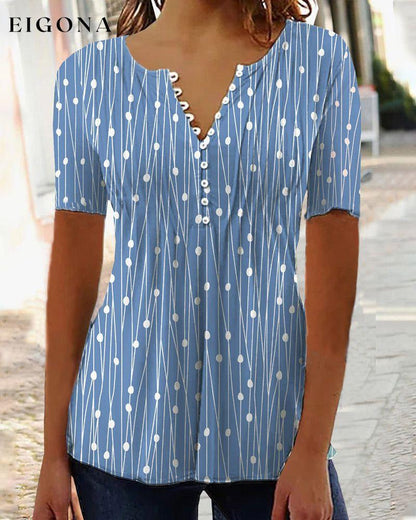 V-neck polka dot T-shirt Blue clothes SALE Short Sleeve Tops Spring Summer T-shirts Tops/Blouses