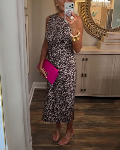 Leopard Print Sleeveless Tie-Up Slit Maxi Dress