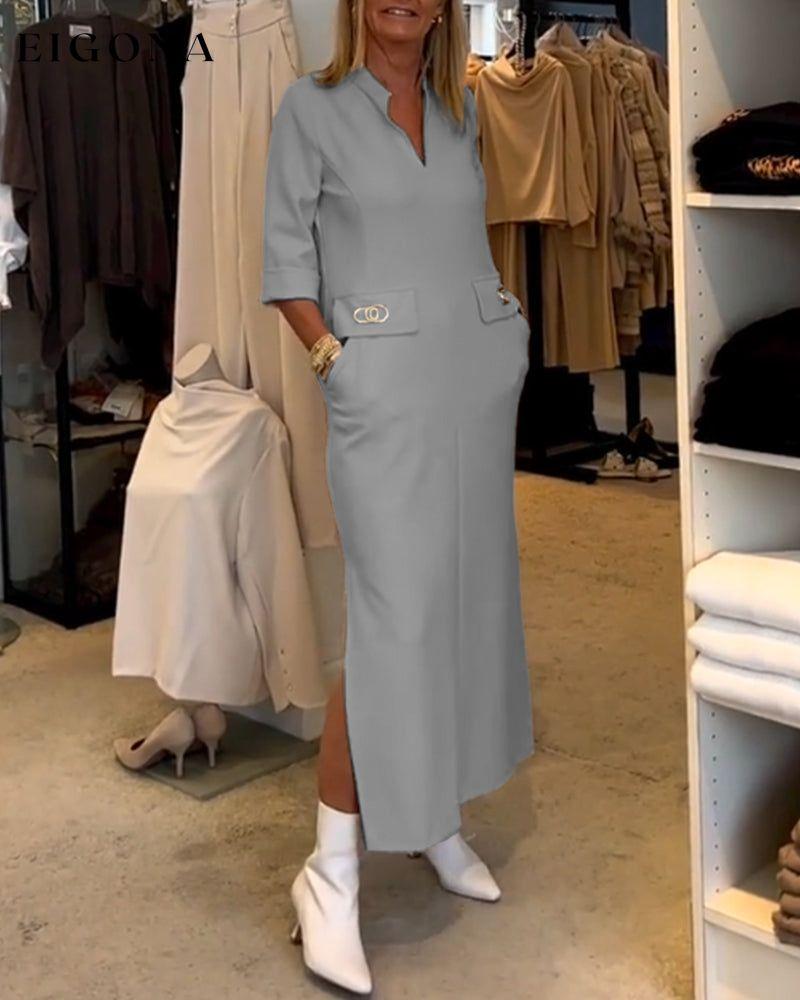 Solid color 3/4 sleeve slit dress Gray 23BF Casual Dresses Clothes discount Dresses Elegant Dresses Spring Summer
