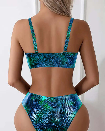 Snake Print Chest Tie High Waist Triangle Bikini
