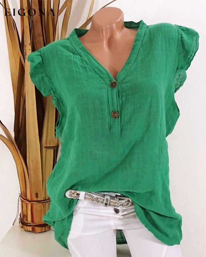 Solid v neck top Green 23BF clothes Cotton and Linen Short Sleeve Tops summer t-shirts Tops/Blouses
